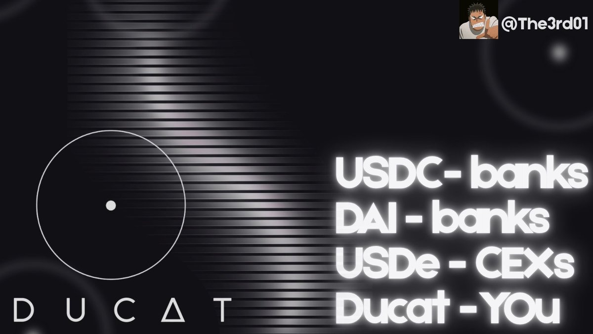The3rd01's tweet image. Every stablecoin in existence makes you give up custody

Circle holds your USDC

Exchanges hold your USDe

Banks back DAI

Ducat is the first stablecoin where your BTC never leaves your control.

Here’s exactly where each stablecoin’s collateral actually lives.

🧵