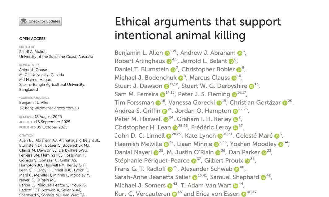 This new paper I had the honour to co-author should ruffle some feathers...

"Ethical arguments that support intentional animal killing"

Read it here:
frontiersin.org/journals/ecolo…