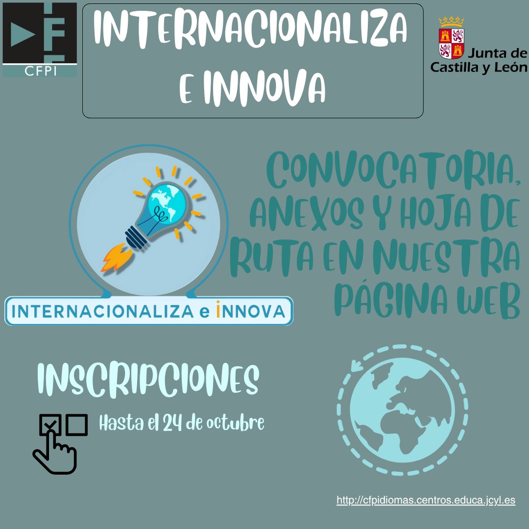 ‼️PIE 💡 Internacionaliza e Innova‼️
Objetivo: impulsar la internacionalización de los centros educativos de #CyL y el enriquecimiento lingüístico y cultural de sus comunidades educativas
ℹ️Web CFPI
#internacionalizaeinnova
#innovacyl #internacionalizacyl
#aprendeinnovaycomparte