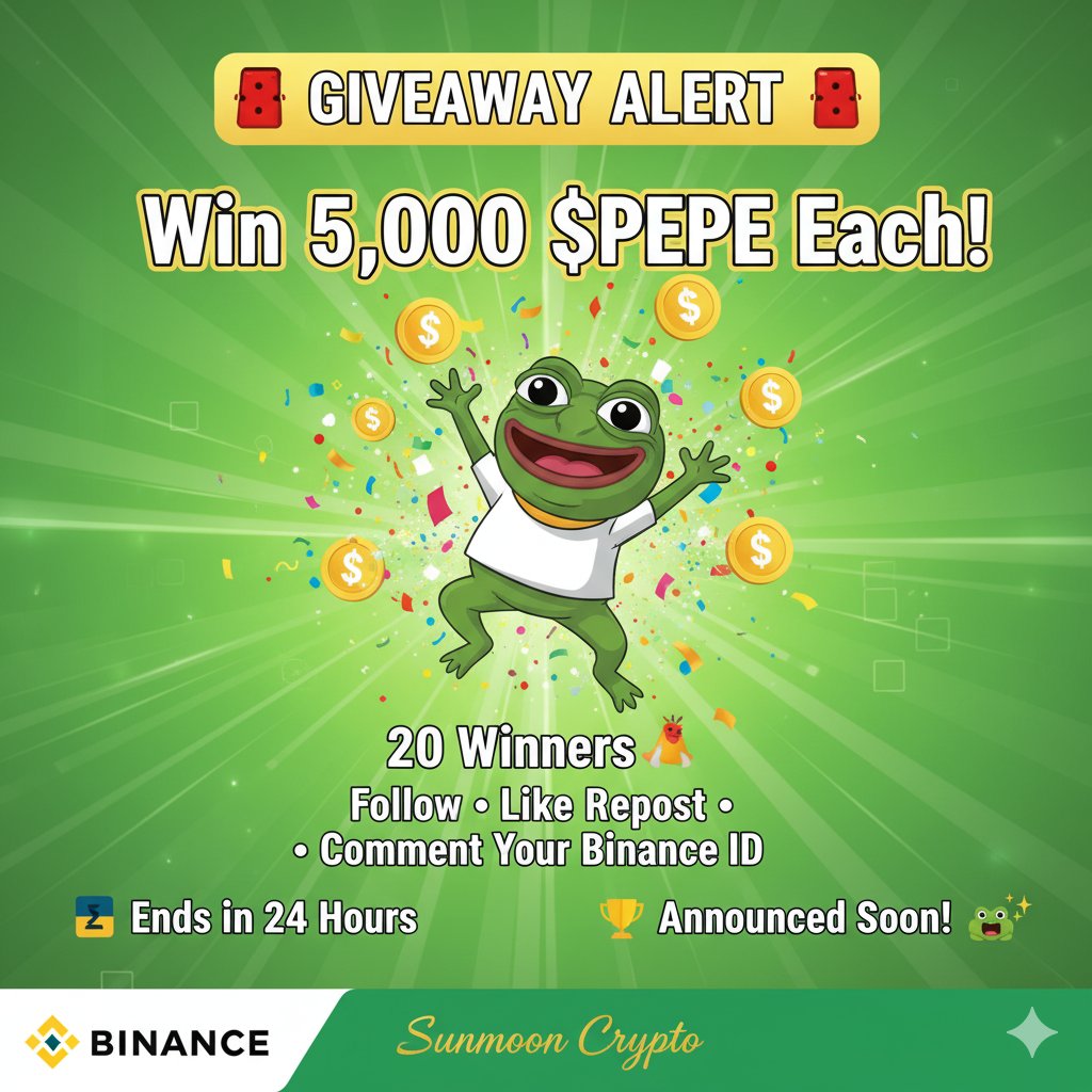 Sunmoon_999's tweet photo. 🚨 GIVEAWAY ALERT 🚨
Win 5,000 $PEPE each 🎉
👉 Total 20 Winners!

How to Join:
1️⃣ Follow me
2️⃣ Like &amp; Repost this post
3️⃣ Comment your Binance ID

⏳ Giveaway ends in 24 hours
🏆 Winners will be announced right after! 🐸✨

#PEPE #Giveaway #Crypto #Binance https://t.co/DWalShEhS7