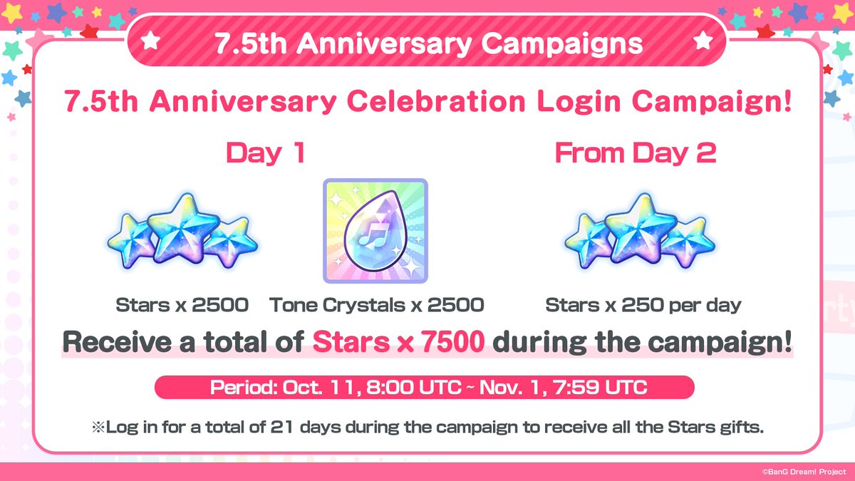 bangdreamgbp_EN's tweet image. 7.5th Anniversary Login Campaign! is coming soon!🎉

Log in from Oct. 11 for up to 21 days and get a total of Stars x 7500 &amp;amp; Tone Crystals x 100!⭐

Download Now: app.adjust.com/phrk2t