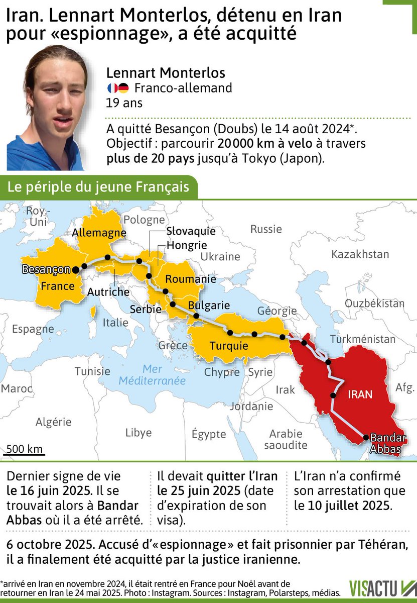 Après 4 mois de détention en #Iran, accusé d'espionnage puis acquitté, Lennart Monterlos, 19 ans, est rentré en France.