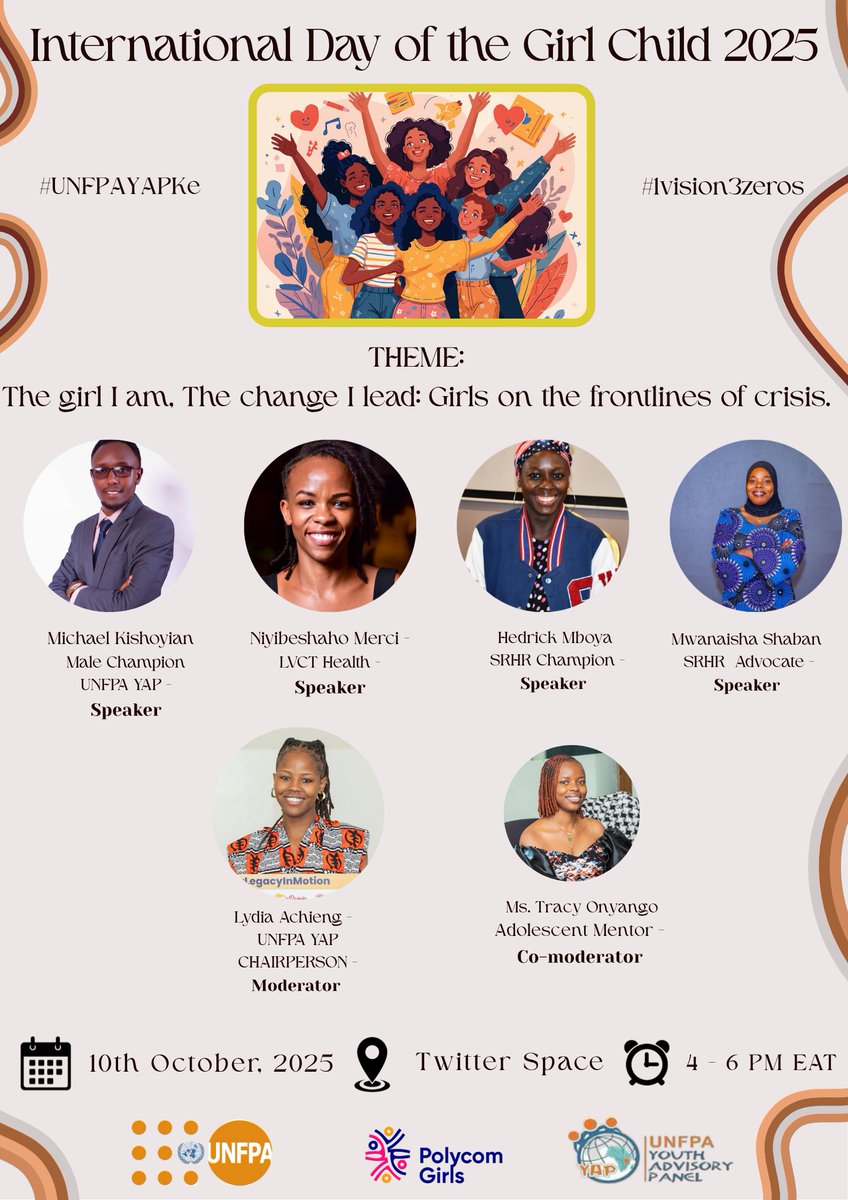 Join our thrilling Twitter Space this Friday, Oct 10 | 4–6 PM EAT as we celebrate the Intl. Day of the Girl Child🎉

Save the date, and be part of the change!

Join here 🎙️: x.com/i/spaces/1RDGl…

RT and let’s amplify girls’ voices✨

#IamTheChange 
#UNFPAYAPKe 
#1Vision3Zeros