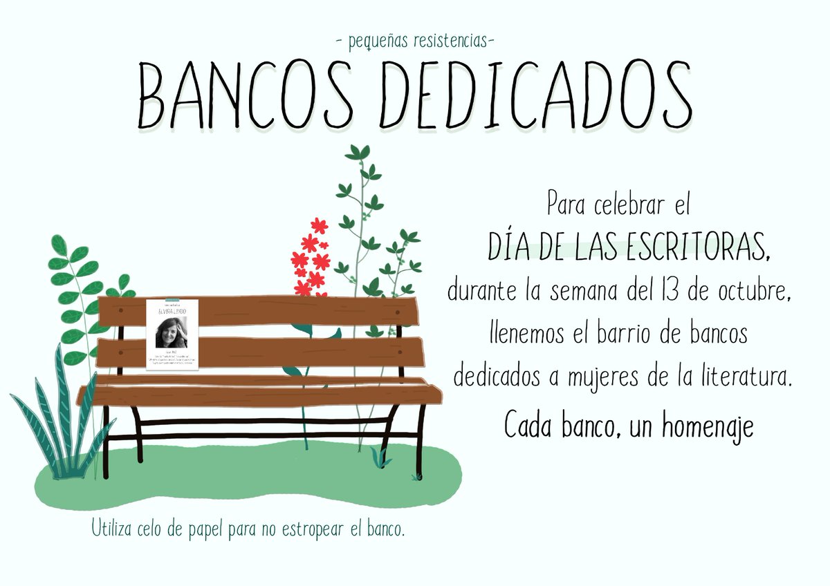 Por el Día de las Escritoras, se quiere llenar #Hortaleza de bancos dedicados a mujeres de la literatura durante toda la semana que viene 📖

Elige una autora, prepara un cartel con su nombre y algo de información, y pégalo con celo en un banco 😍
