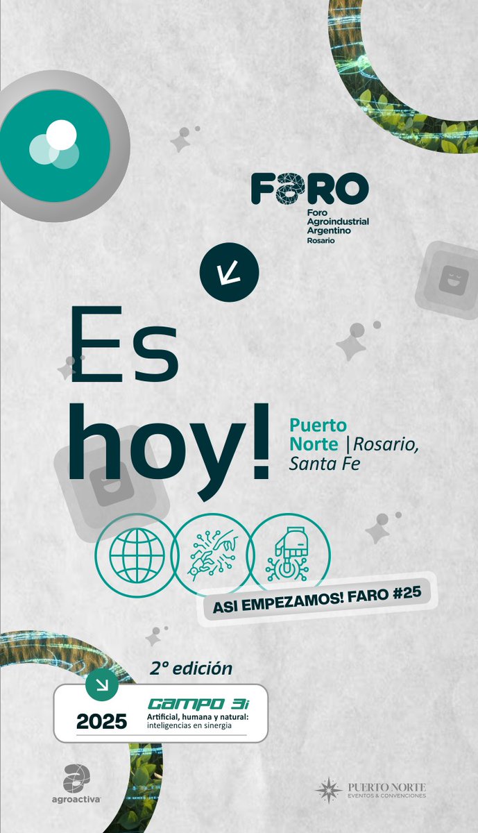 🚀 ¡Llegó el día!
Hoy arranca FARO Campo 3i, el foro donde la inteligencia artificial, humana y natural 
📍 Salones Puerto Norte, Rosario
🕗 Acreditaciones desde las 8:00 hs
Nos espera una jornada de ideas, innovación y grandes referentes.
#Campo3i #FARO2025