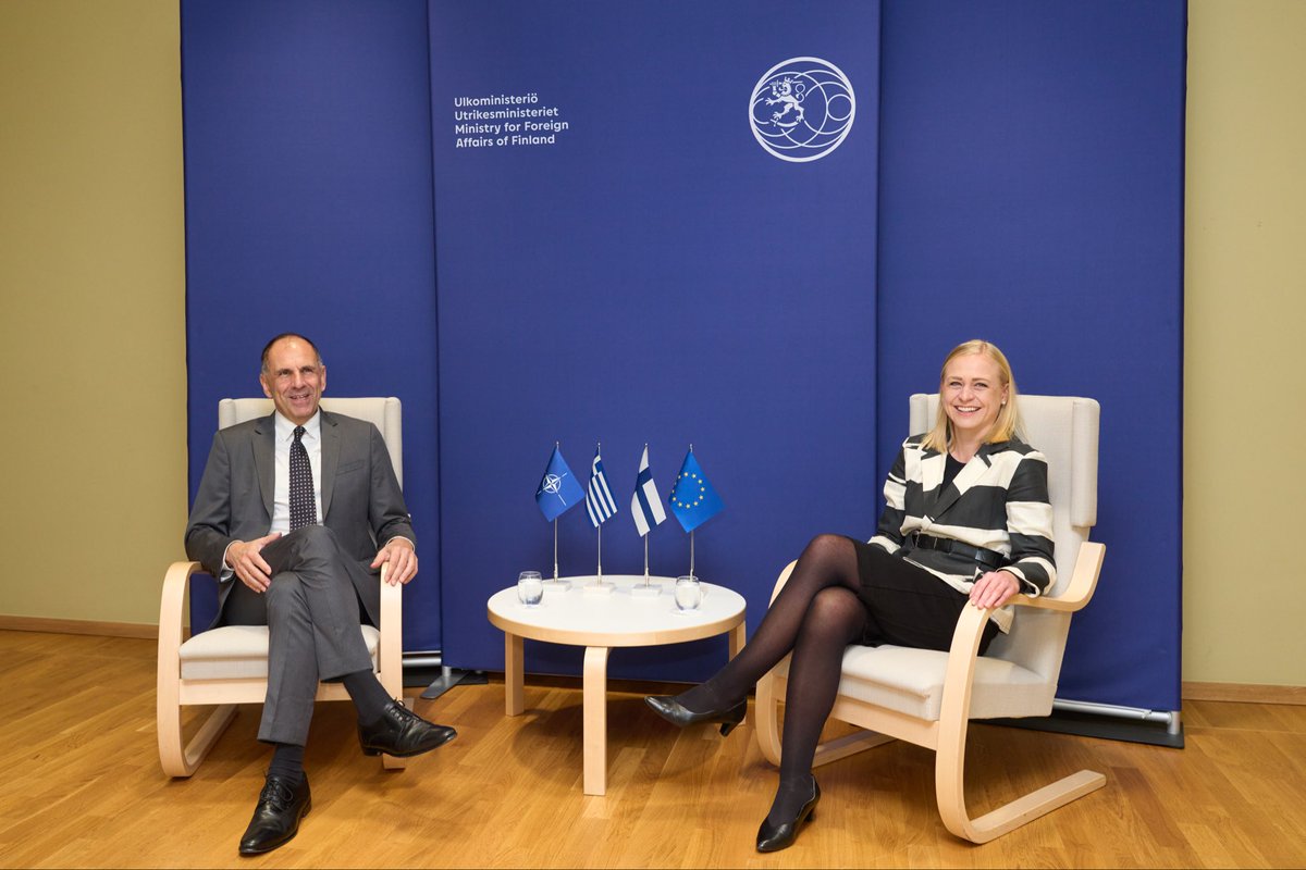 Pleasure to have my colleague, Foreign Minister of Greece, George Gerapetritis in Helsinki!

In the meeting we covered bilateral relations between 🇫🇮 and 🇬🇷 and the security situation in Europe, including Russia’s war in Ukraine. Russia must stop its war of aggression.