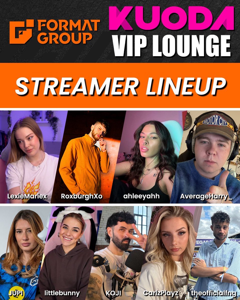 MEET OUR VIP STREAMERS!

It's time to announce our official Kuoda VIP Lounge streamers! Find them streaming live on Twitch in the VIP Lounge throughout the night:

<a href="/Roxburghxo/">Charlie Roxburgh</a> &amp; <a href="/KojisRevenge/">koji</a>  
<a href="/yojupi/">GX Jupi</a> 
<a href="/Lexie_Mariex/">Lexie🌹</a> &amp; <a href="/harrynotaverage/">AverageHarry 🥭</a> 
<a href="/carlzplayz/">carlzplayz</a>
<a href="/x_littlebunny_x/">Little Bunny</a>