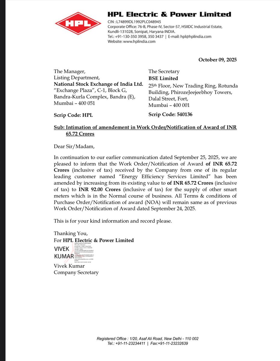 Vivek_Ruparel's tweet image. #ORDER #HPL

Company from one of its regular
leading customer named “Energy Efficiency Services Limited” has been
amended by increasing from its existing value to of INR 65.72 Cr (incl of tax) to INR 92 Cr (incl of tax) for the supply of other smart meters
