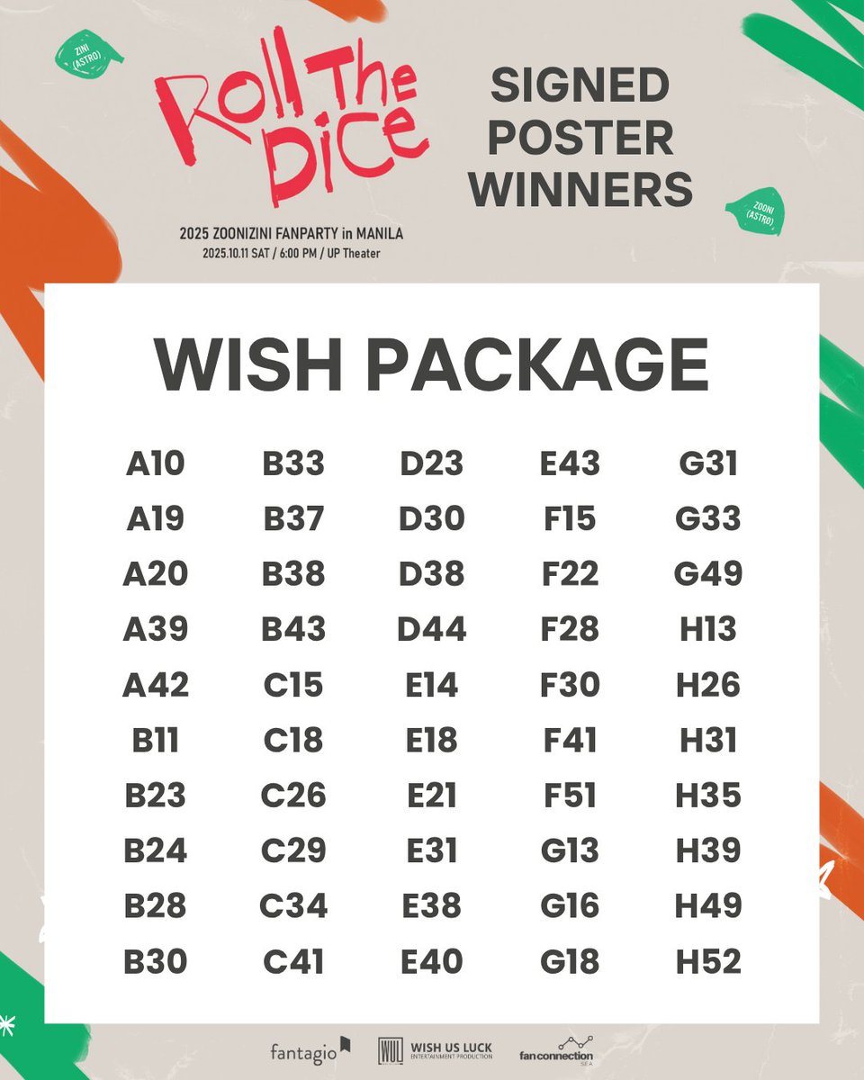 wishusluckent's tweet photo. Congratulations to all the winners of the Signed Polaroids and Signed Posters!

Check your Seat Numbers on the list below and find out if you are one of the lucky AROHAs who won the raffle.

Signed Polaroids and Signed Posters may be claimed at the help desk after the show. Just present your e-tickets and ID/passport to claim your prize. 

#ZOONIZINI #DICE
#RollTheDiceinManila
#ASTRO #AROHA
