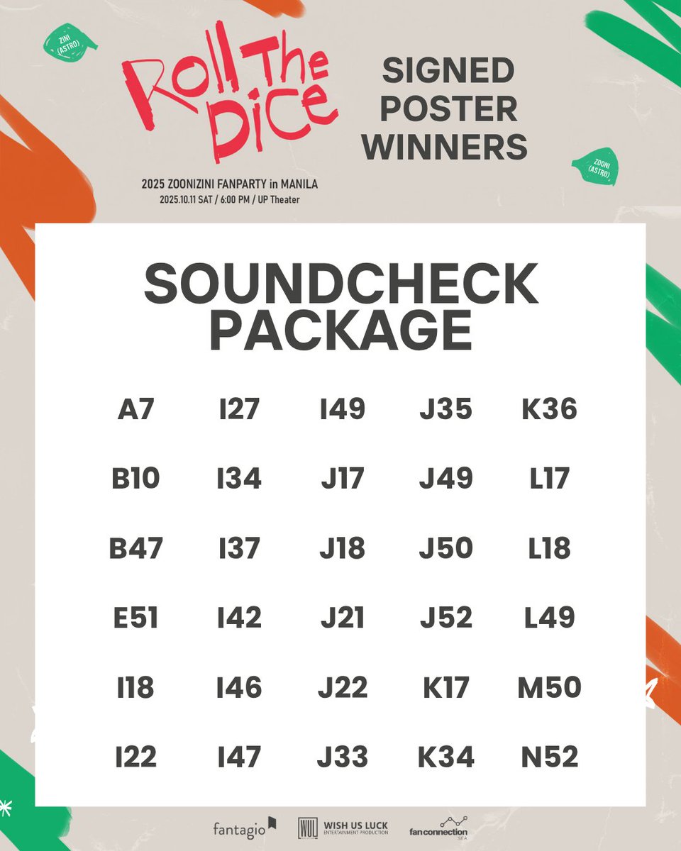 wishusluckent's tweet photo. Congratulations to all the winners of the Signed Polaroids and Signed Posters!

Check your Seat Numbers on the list below and find out if you are one of the lucky AROHAs who won the raffle.

Signed Polaroids and Signed Posters may be claimed at the help desk after the show. Just present your e-tickets and ID/passport to claim your prize. 

#ZOONIZINI #DICE
#RollTheDiceinManila
#ASTRO #AROHA