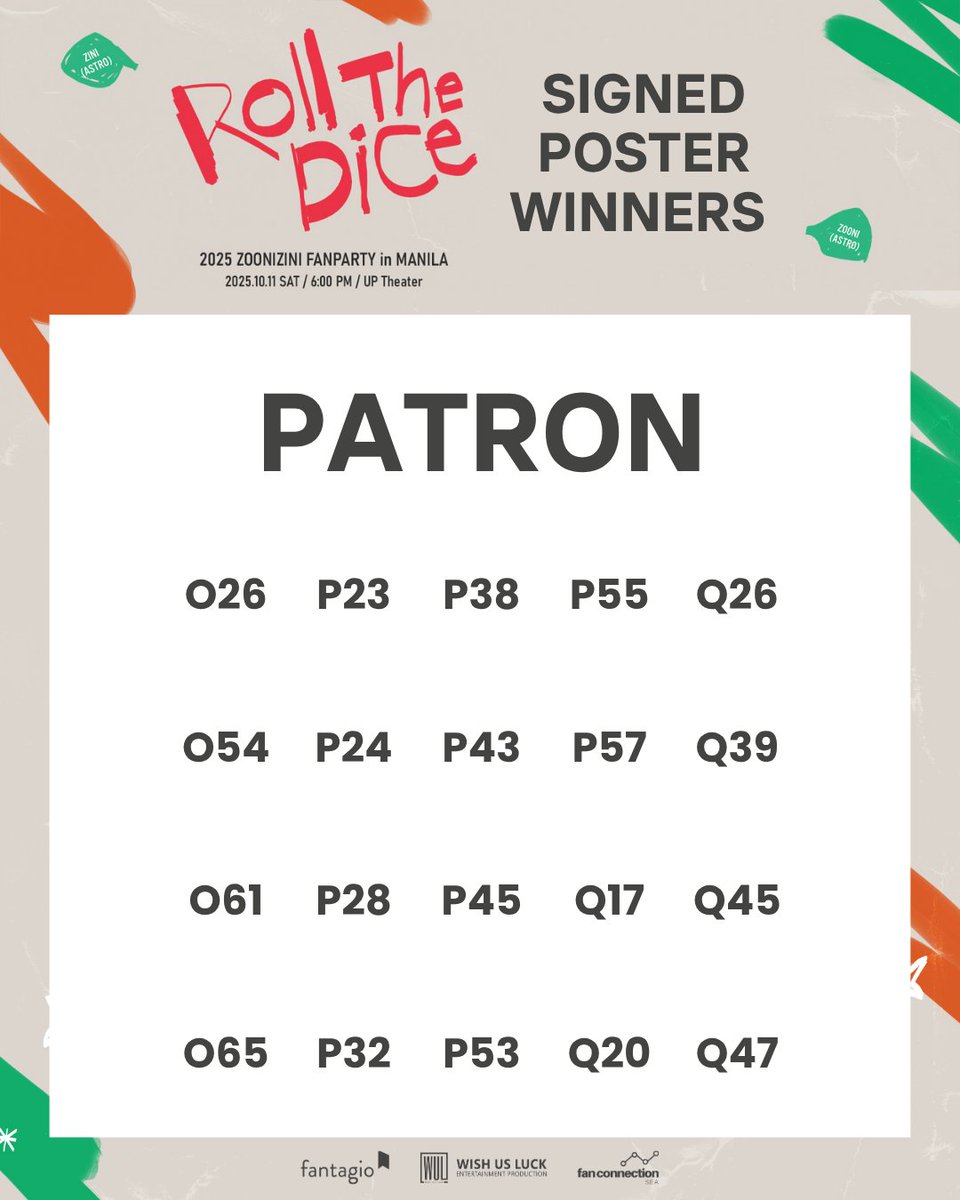 wishusluckent's tweet photo. Congratulations to all the winners of the Signed Polaroids and Signed Posters!

Check your Seat Numbers on the list below and find out if you are one of the lucky AROHAs who won the raffle.

Signed Polaroids and Signed Posters may be claimed at the help desk after the show. Just present your e-tickets and ID/passport to claim your prize. 

#ZOONIZINI #DICE
#RollTheDiceinManila
#ASTRO #AROHA