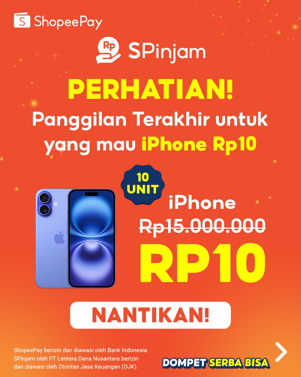 ShopeePay_ID's tweet photo. HARI INI! Panggilan terakhir untuk yang mau iPhone RP 10, mari merapat~
Daftar SPinjam dan ikuti cara di postingan di atas ya! #SPinjam #AplikasiShopeePay https://t.co/iXogtCFYzR