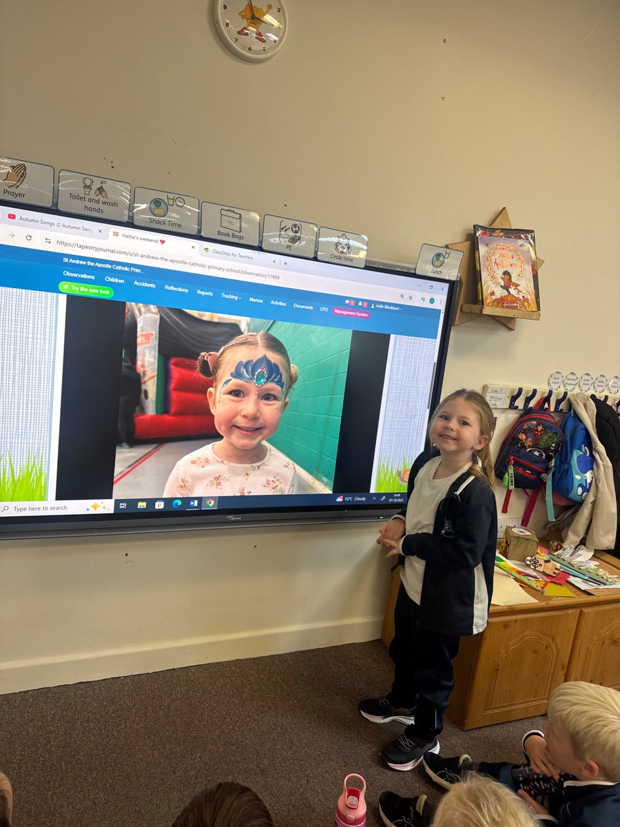 St_Andrew_Apost's tweet photo. Tapestry Talk Time involves sharing home learning and weekend news. This is a key speaking and listening activity in Reception and the children are always super excited for their turn. We can see their confidence building each week.🥹👏🏽⭐️ #SuccessfulSATA #SuccessfulEYFS https://t.co/fltB9Q5MpZ