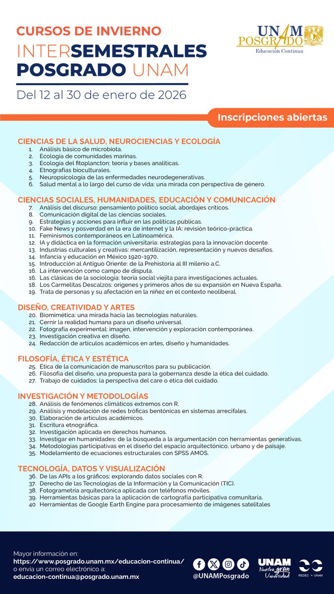 🧭 ¡Explora nuevos caminos del conocimiento este invierno!
Los Cursos Intersemestrales del Posgrado UNAM te esperan del 12 al 30 de enero.
🎓 Inscripciones abiertas.
#PosgradoUNAM #AprendizajeContinuo #EducaciónParaTodos