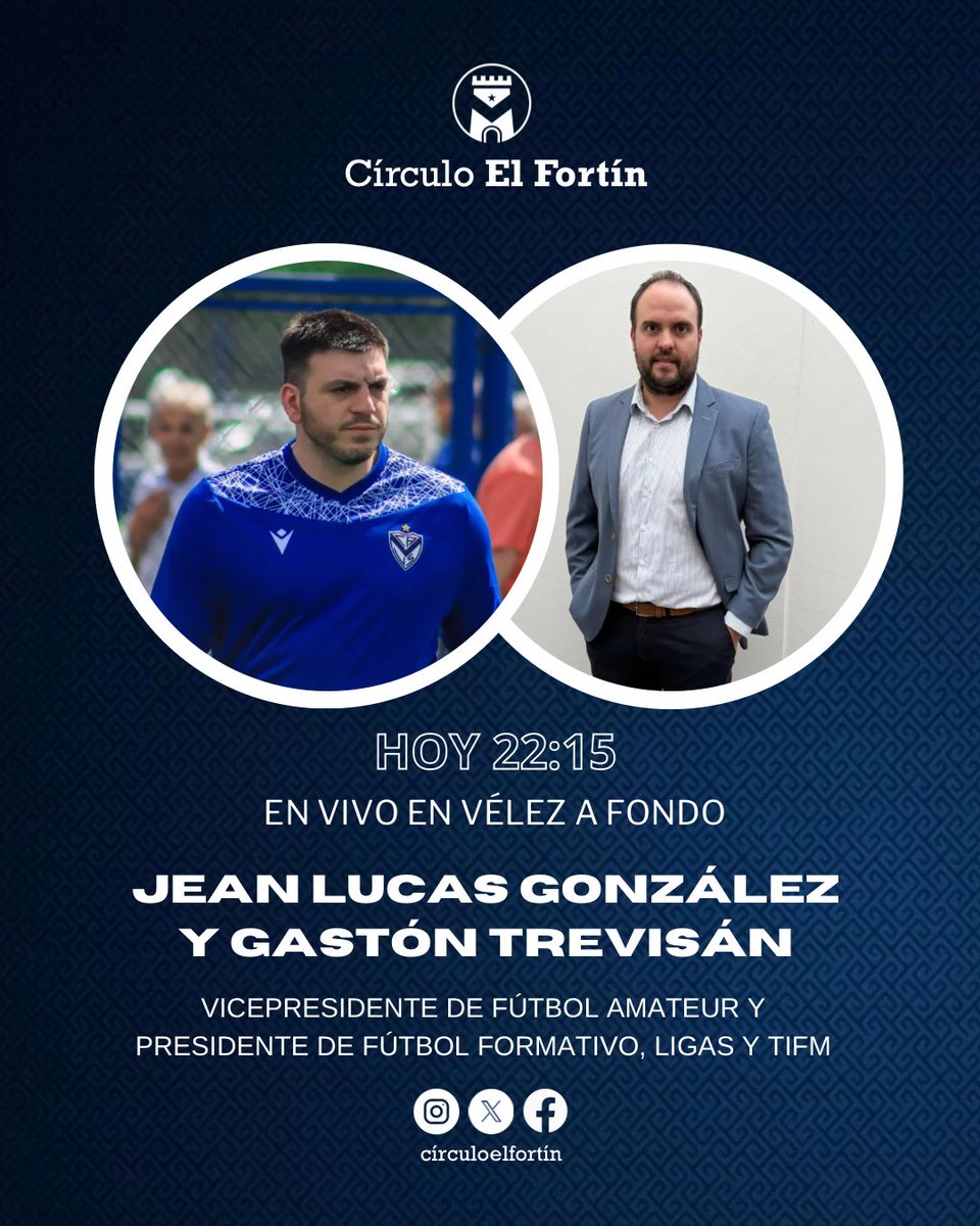CirculoElFortin's tweet image. 🎙️ Hoy, @JeanLucasG, Vicepresidente de Fútbol Amateur de #Vélez, y Gastón Trevisan, Presidente de Fútbol Formativo, Ligas y TIFM, estarán en vivo en Vélez a Fondo a las 22:15 horas. 

💙 Sumate al programa: youtube.com/live/QA81FCdXQ…