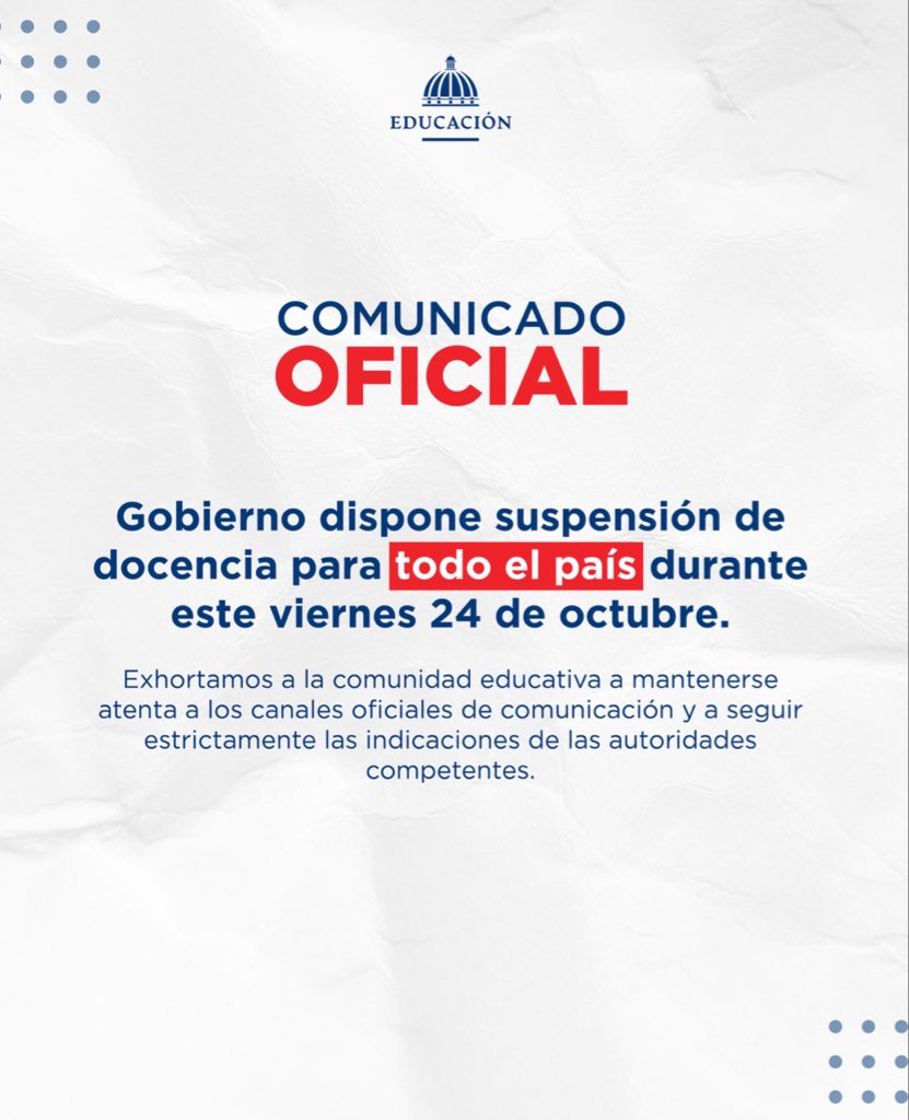EducacionRDo's tweet image. Ante los efectos de la tormenta tropical Melissa, el Gobierno de la República Dominicana ha dispuesto la suspensión de la docencia en todo el país este viernes 24 de octubre.
Reiteramos el llamado a toda la comunidad educativa a mantenerse atenta a los canales oficiales del…