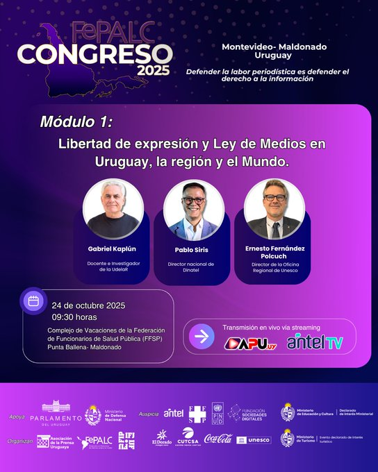 UNESCOmvdo's tweet photo. ✅Desde el interior de Uruguay se desarrolla el Congreso de la Federación Latinoamericana de Periodistas.🎙️ El director de @unescomvdo @efpolcuch participará en el Congreso #FEPALC2025 abordando la Libertad de Expresión y desafíos de gobernaza de plataformas digitales en la región y el mundo 🌎.
🗓️ 24 oct · 09:30 h · Punta Ballena
📡 En vivo por @apu_uy y @AntelDeTodos
👉 Defender el periodismo es defender la democracia.
