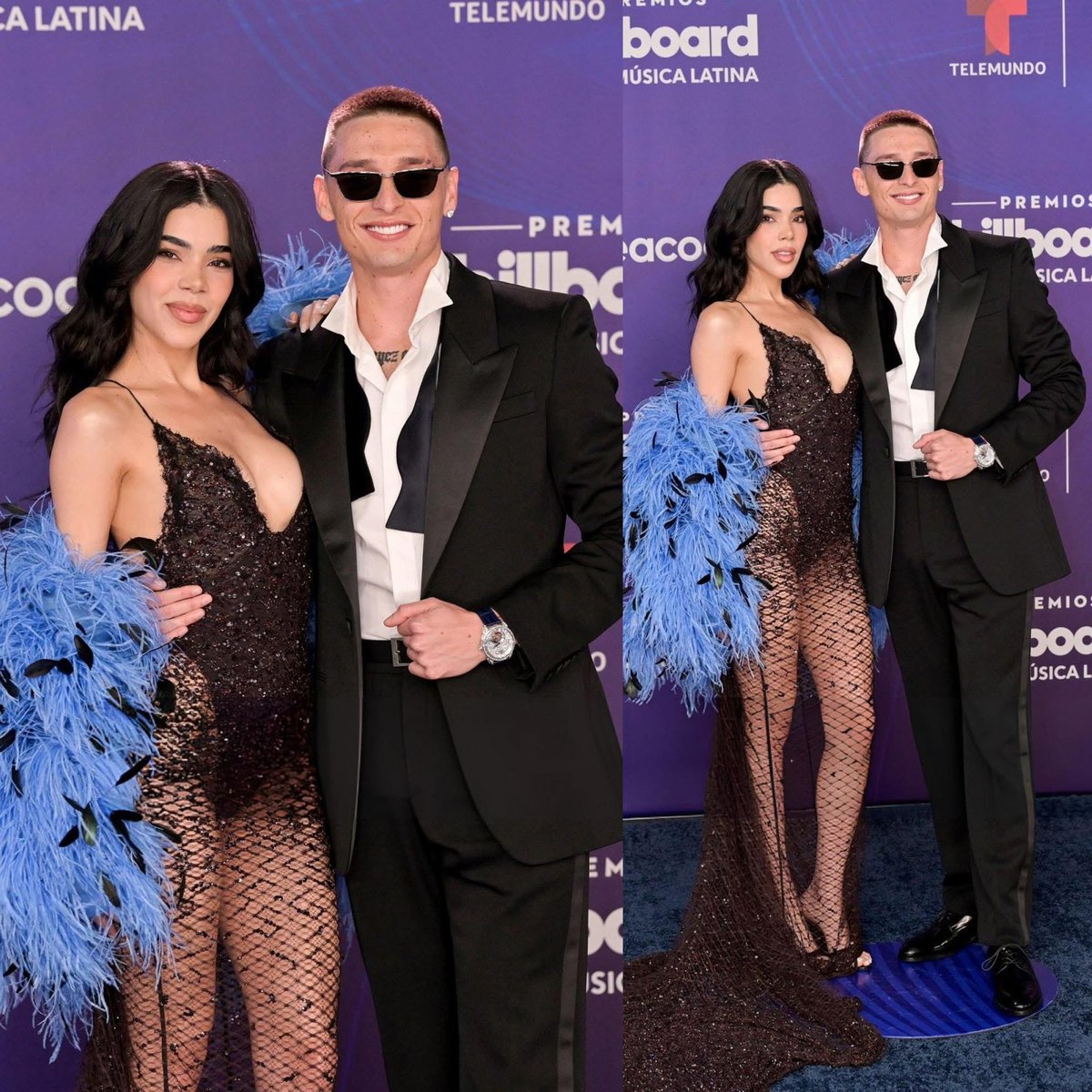 Peso Pluma y Kenia OS llegan a la alfombra de los Premios Billboard de la Música Latina.