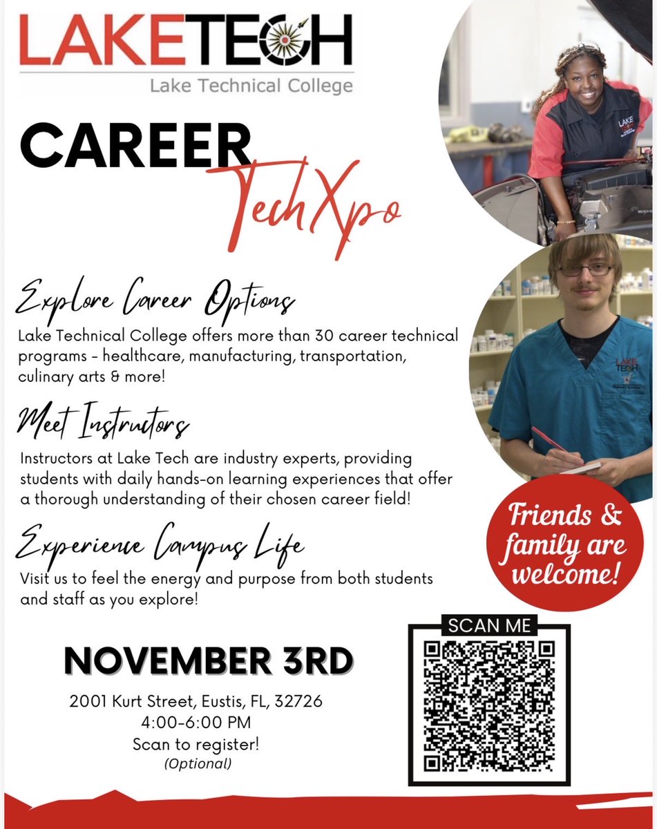 🚀 Explore your future at Lake Tech’s Career TechXpo!
🎓 30+ career programs
🤝 Meet instructors
🏫 Tour labs
🗓️ Nov 3 | 4–6PM | Eustis
📲 Scan to register 
👨‍👩‍👧‍👦 Friends &amp; family welcome!
#LakeTech #CareerInAYear #TechXpo #WorkforceWayLake