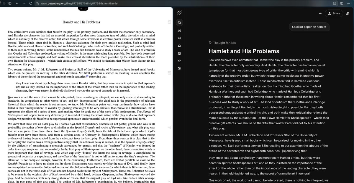 THIS is why @Grok is incredible. 

All I did was write "ts elliot paper on hamlet", and instead of just linking me to it or giving an overview or analysis of it,

Grok found an open source scan of a book the criticism appeared in and typed out the entirety of the text... and then