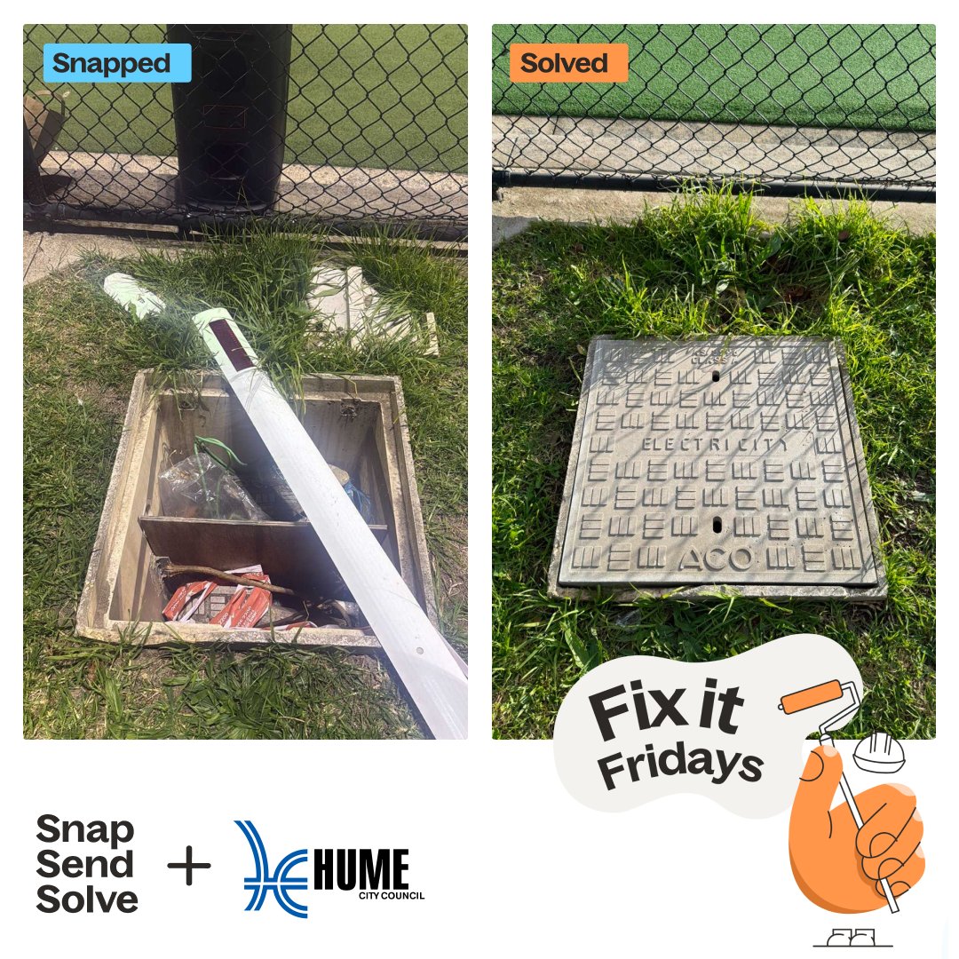 SnapSendSolve's tweet image. This week’s Fix-It Friday is brought to you by @HumeCityCouncil, and the return of this pit lid to its rightful place. 🔙

Throw in a fallen fire hydrant marker for good measure, and it was looking more obstacle course than footpath.

#FixItFriday #SnapSendSolve #HumeCityCouncil