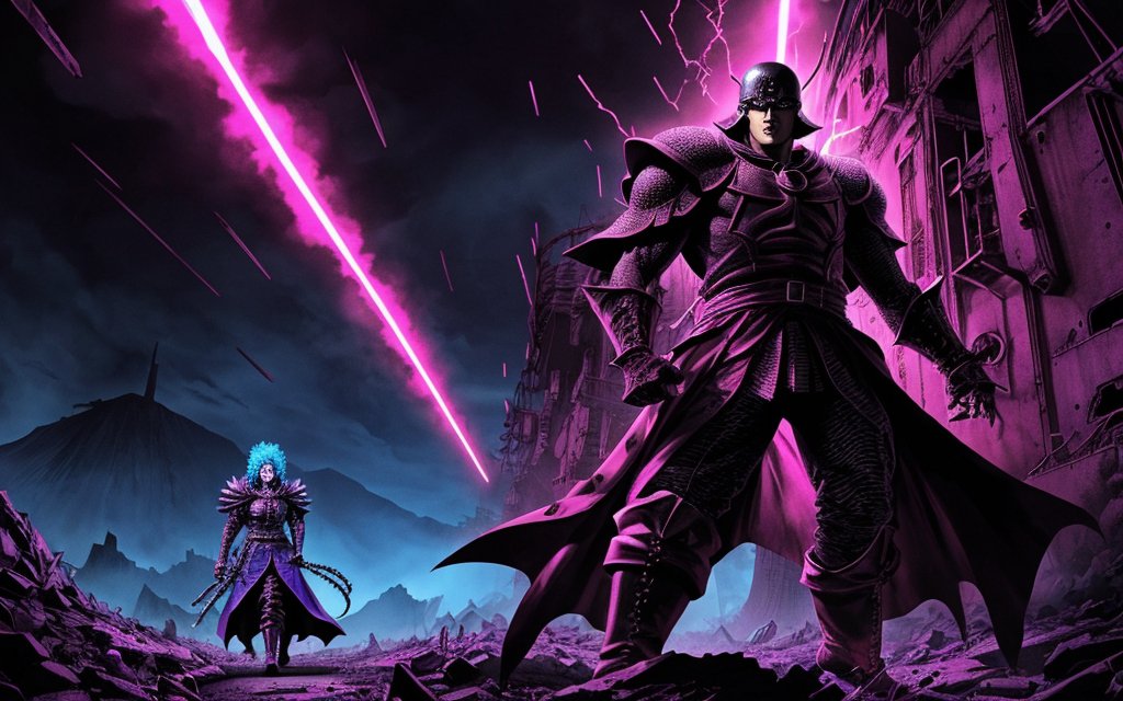 vu2lid's tweet image. Lightning stitched the sky as the Twins closed ranks, certain the citadel’s memory would turn the tide here.
Neon warlord confrontation, cracked avenue, electric sky and armored figures. #AIArt #SkyVibes