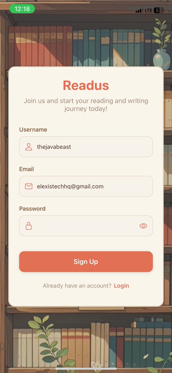 thejavabeast's tweet image. Just shipped a new feature for my mobile app, ReadUs @readus_
Built with React Native + TypeScript + Express. Login and sign up screens done ✅
#ReactNative #MobileDev #BuildInPublic