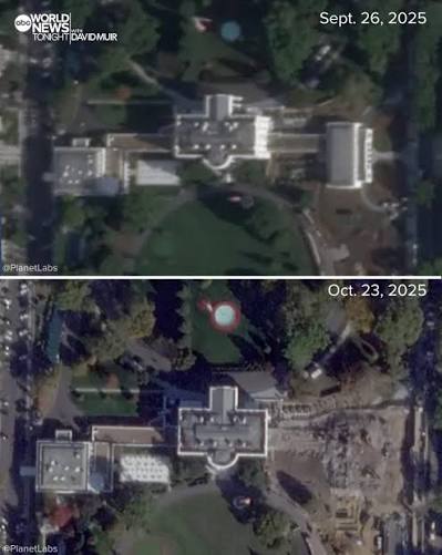 Before and after images showing trump's destruction of the East Wing.