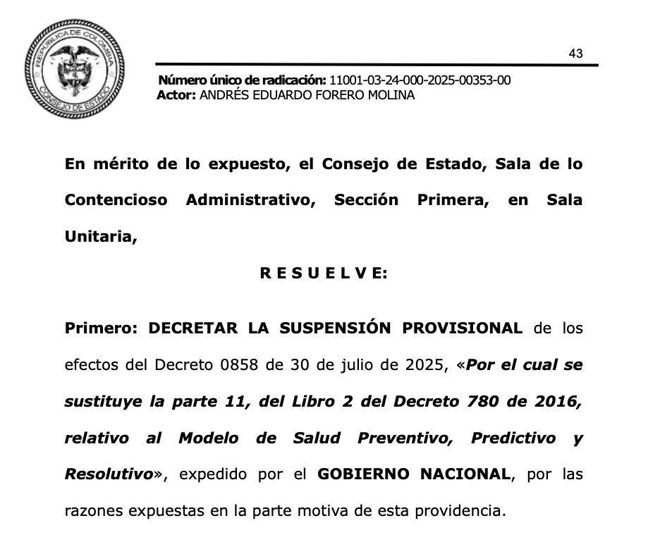 #UltimaNoticia 
Urgente 
Consejo de Esto, suspende provisionalmente DECRETAZO 0858

Sres. <a href="/MinSaludCol/">MinSalud Colombia 🇨🇴</a> se les dijo, modelo preventivo es necesidad de país, con recursos adicionales <a href="/GA_Jaramillo/">Guillermo Jaramillo</a> escuche,escuche, la salud no se puede destruir #MuerenPacientes