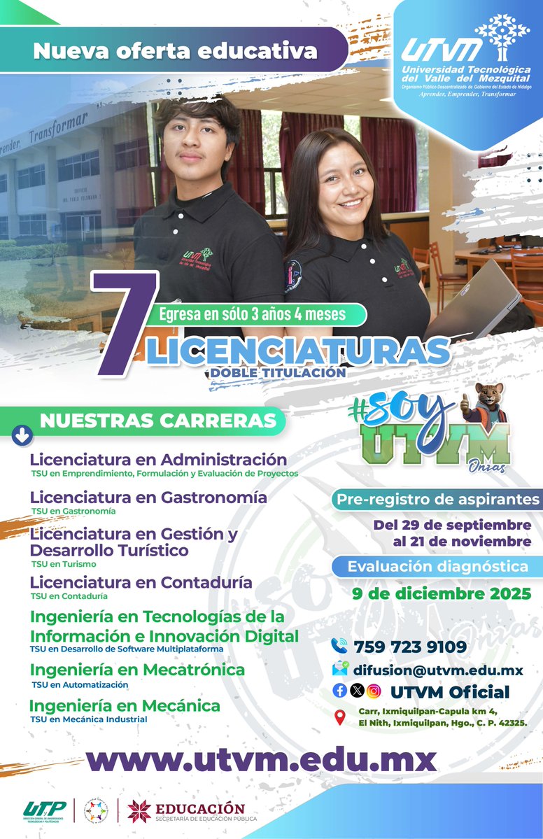 SEPHidalgo's tweet image. 🚀 ¡Tu futuro comienza en la @UTVMoficial! Conoce la nueva oferta educativa 2026 y elige entre 7 licenciaturas e ingenierías con doble titulación.
✅ Egreso en solo 3 años y 4 meses
✅ Formación práctica y especializada
✅ Educación de calidad, cercana a tu comunidad
📅…