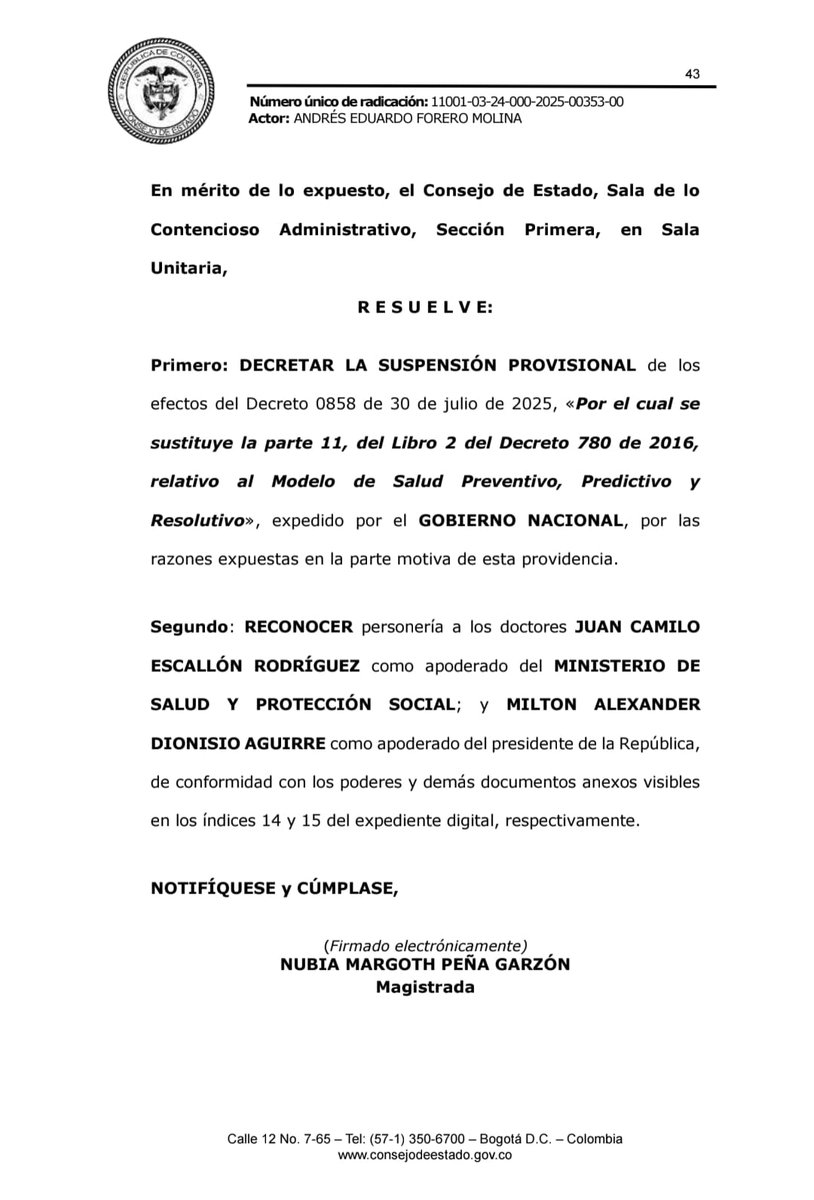 lafm's tweet image. ⚖️ El Consejo de Estado suspendió provisionalmente el Decreto 0858 de 2025, que establecía el Modelo Preventivo, Predictivo y Resolutivo del Ministerio de Salud.

La medida detiene su implementación mientras se resuelve la demanda de nulidad. El decreto queda sin efectos de forma…