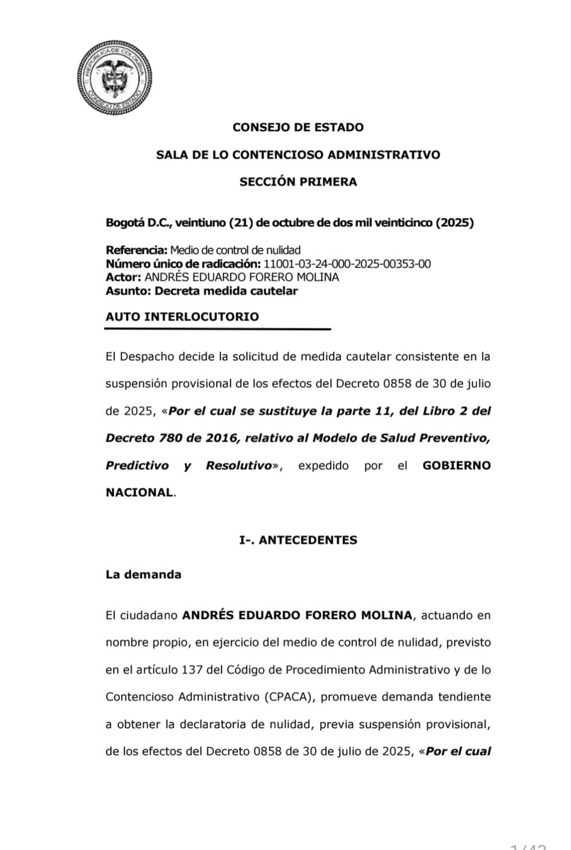 lafm's tweet image. ⚖️ El Consejo de Estado suspendió provisionalmente el Decreto 0858 de 2025, que establecía el Modelo Preventivo, Predictivo y Resolutivo del Ministerio de Salud.

La medida detiene su implementación mientras se resuelve la demanda de nulidad. El decreto queda sin efectos de forma…