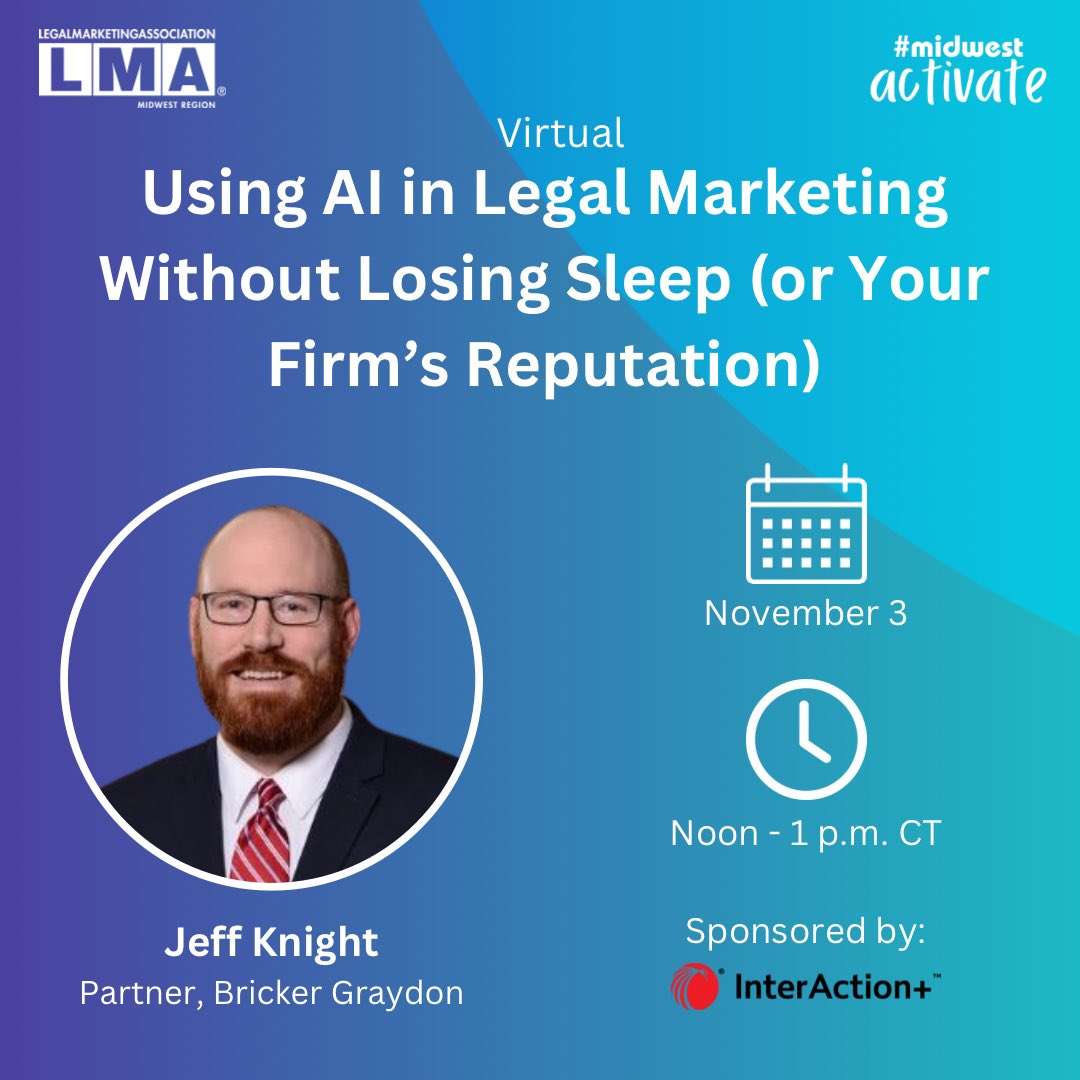 Join us on November 3 for Using AI in Legal Marketing Without Losing Sleep or Your Firm’s Reputation and gain insights into ethical AI use and practical strategies for implementation. Thanks to sponsor <a href="/LexisNexis/">LexisNexis Legal & Professional</a>. legalmarketing.org/Event-Details/… #AI #LegalMarketing #MidwestActivate