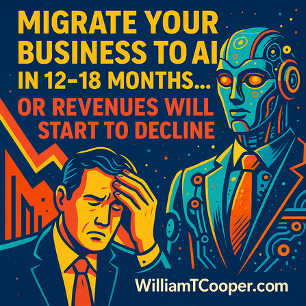WilliamTCooper's tweet photo. 12–18 Months. That’s the #AI Window.

If you're an #SMB #CEO or growth leader still treating AI like a future #investment instead of a current operating shift you’re already late. The businesses that will dominate their category by 2027 are making the #AGI migration now. Quietly. Aggressively. Without debate.

This isn’t about “trying AI.” It’s about engineering a #BusinessStrategy that embeds AI into #sales, #LeadGeneration, content creation, and customer interaction so you scale without bloating headcount. The revenue edge is real. And it compounds monthly.

We’re already seeing SMBs using AGI systems to outpace larger competitors. They’re not hiring more. They’re building sales infrastructure that never sleeps. If you’re still reliant on human bandwidth for sales calls, #marketing, proposals, or content, your margin and velocity are exposed.

#Leadership now means owning the AGI transition just like owning #DigitalMarketing in 2024. This is about adopting intelligent systems that replicate your logic, voice, and process, so your time is spent on strategic growth not tactical bottlenecks.

Don’t lose 2026 revenue waiting for 2025 proof. The next wave of sales dominance won’t be led by #freelancer talent on #Upwork or #Fiverr it’ll be led by systems. You’ve got 12–18 months to move. Or you’ll start paying the price in relevance, visibility, and sales.