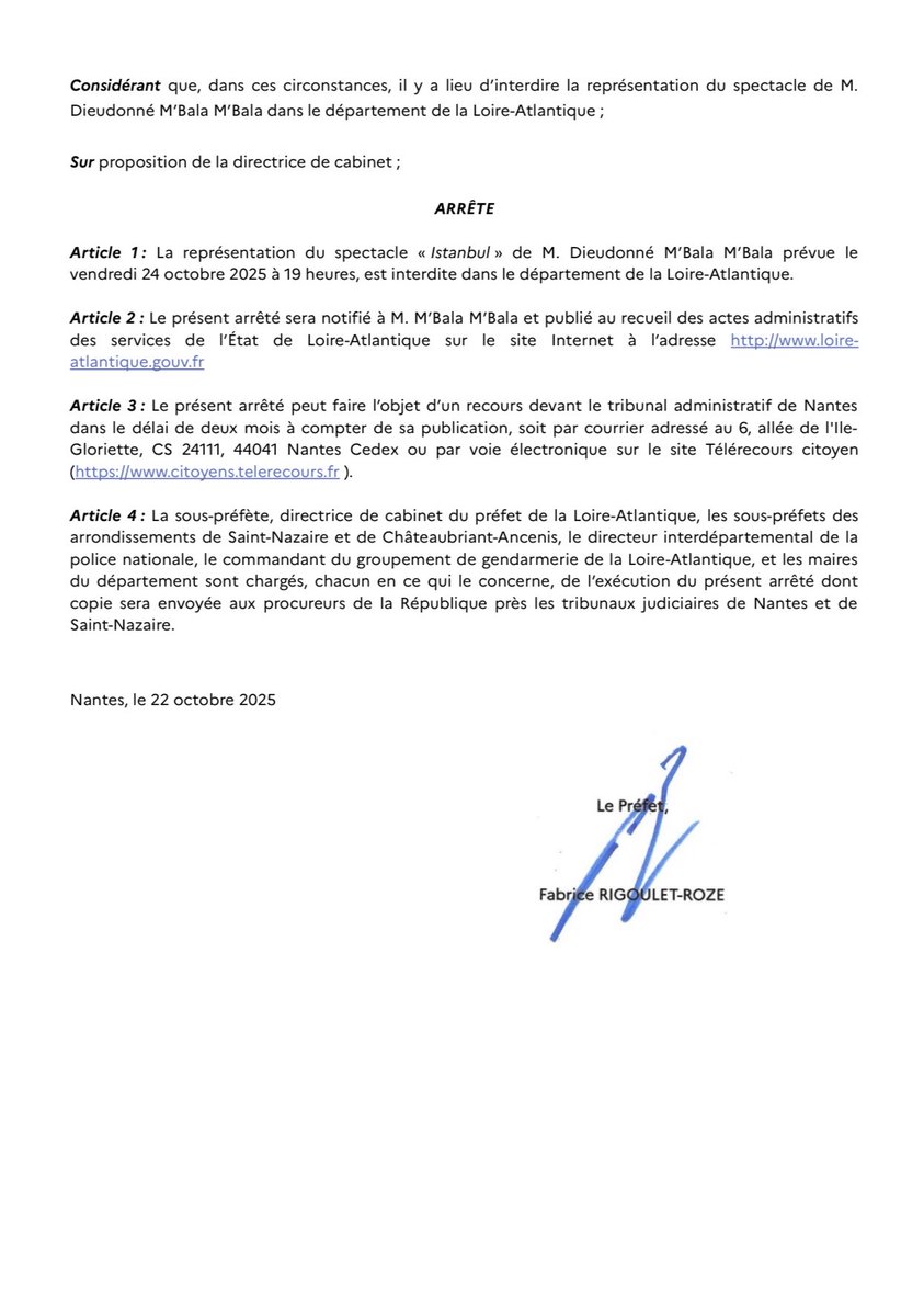 EricMorillot's tweet image. 🧵 Interdire un spectacle avant même de savoir ce qu’il contient ?
Le préfet de Loire-Atlantique l’a fait, le 22 octobre 2025.
Voici, en droit, pourquoi cette décision est difficilement défendable 👇
#Droit #LibertéDExpression #ÉtatDeDroit @MbalaDieudo 

[📎 arrêté préfectoral]