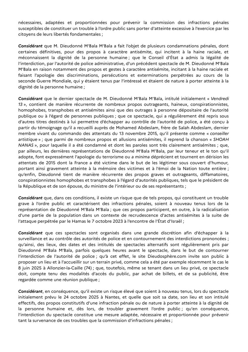 EricMorillot's tweet image. 🧵 Interdire un spectacle avant même de savoir ce qu’il contient ?
Le préfet de Loire-Atlantique l’a fait, le 22 octobre 2025.
Voici, en droit, pourquoi cette décision est difficilement défendable 👇
#Droit #LibertéDExpression #ÉtatDeDroit @MbalaDieudo 

[📎 arrêté préfectoral]