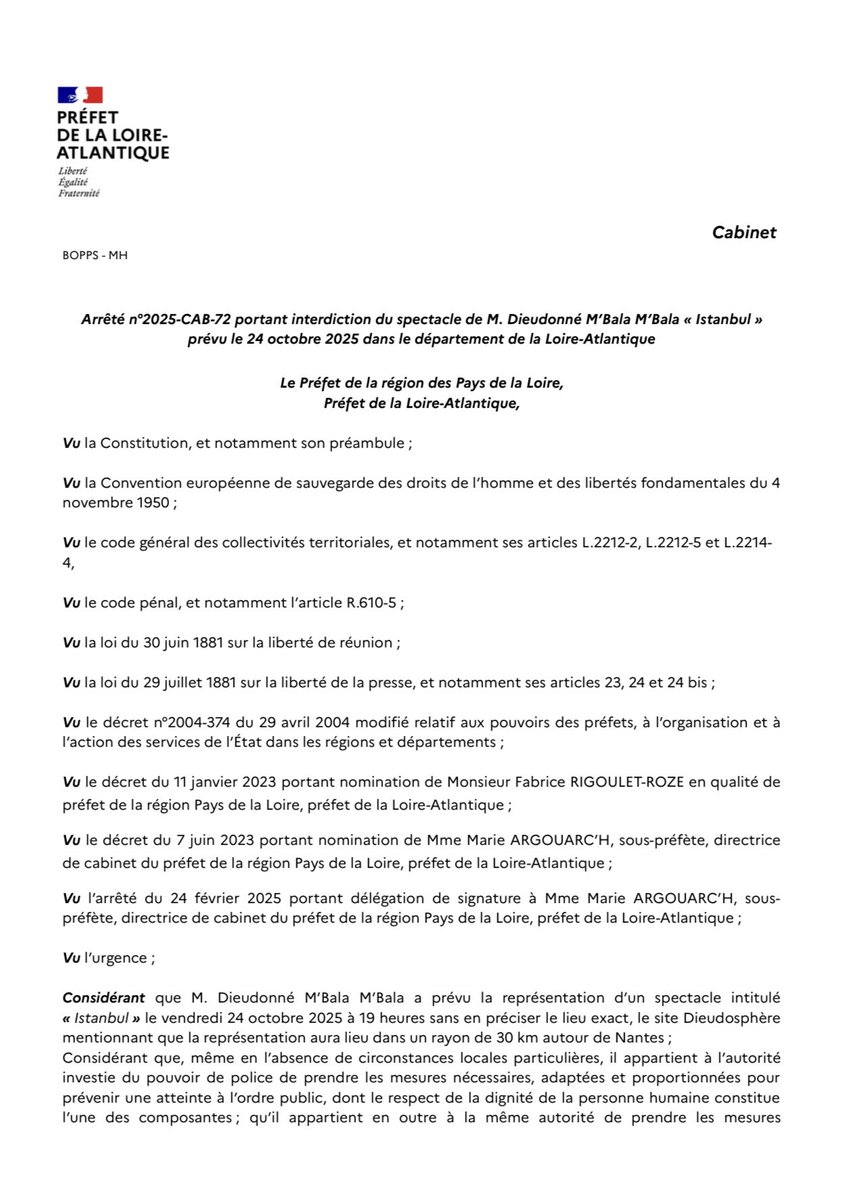 EricMorillot's tweet image. 🧵 Interdire un spectacle avant même de savoir ce qu’il contient ?
Le préfet de Loire-Atlantique l’a fait, le 22 octobre 2025.
Voici, en droit, pourquoi cette décision est difficilement défendable 👇
#Droit #LibertéDExpression #ÉtatDeDroit @MbalaDieudo 

[📎 arrêté préfectoral]