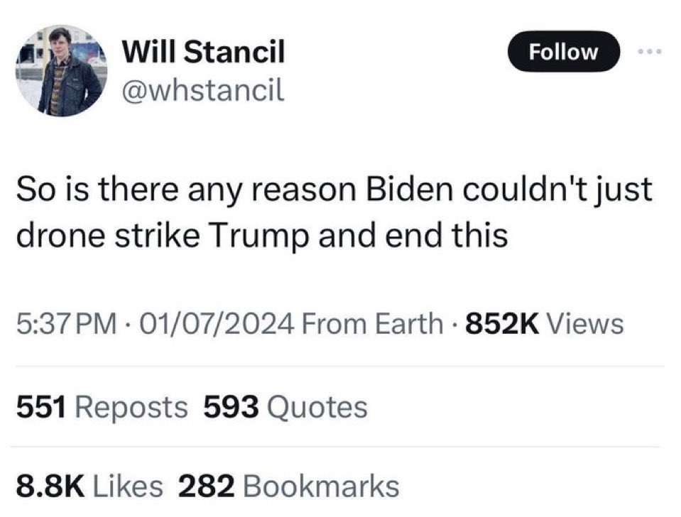 feelsdesperate's tweet image. Will Stancil should be at the top of every state and federal extremist watchlist.
It’s an endless stream of violent political fantasies with him and his hold on reality becomes more tenuous with each passing day.