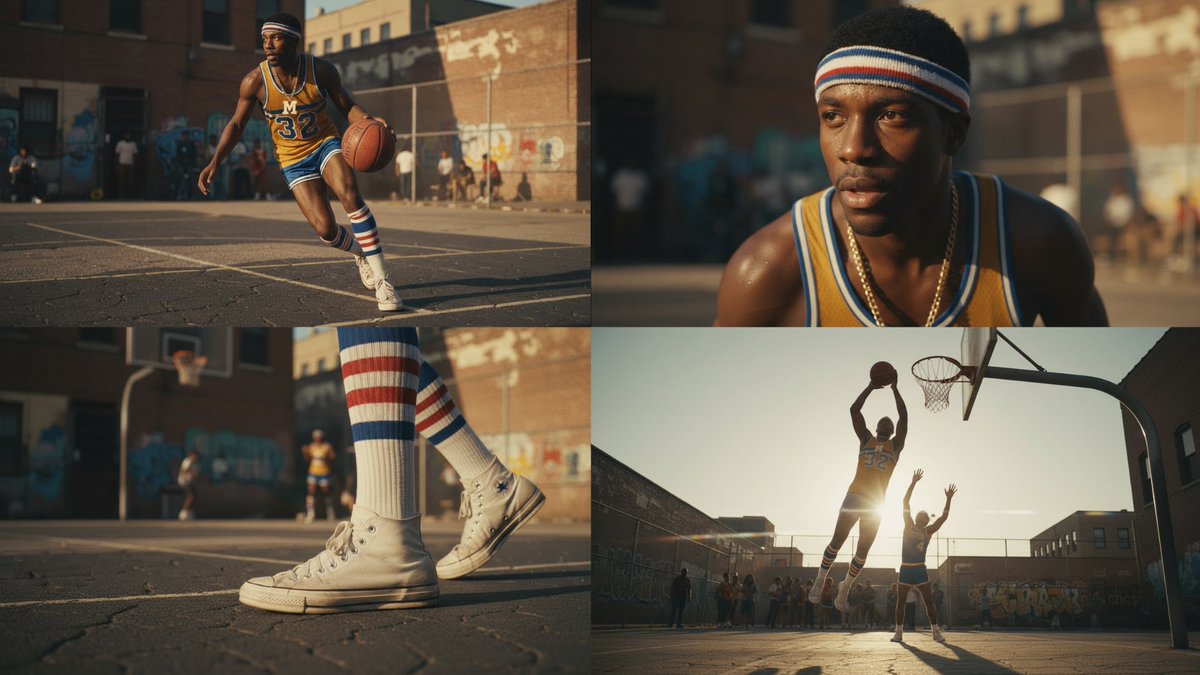 techhalla's tweet image. Quick prompt share to create this kind of visuals in Nano Banana (bookmark it for later):
1⃣ A 1970s street basketball player dribbling a worn-out leather ball on a cracked asphalt court in a gritty urban neighborhood | wearing retro sports gear, high socks, and classic Converse…