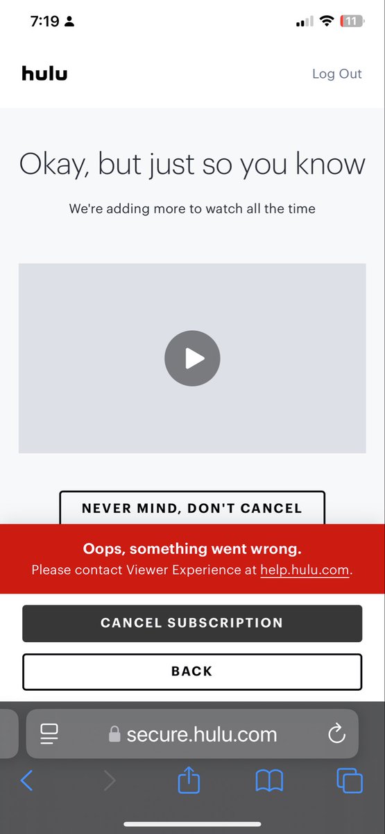 The_KathD's tweet photo. @hulu @hulu_support  I’m trying to cancel my subscription but I’m getting an error message… https://t.co/3xhfEECXaj