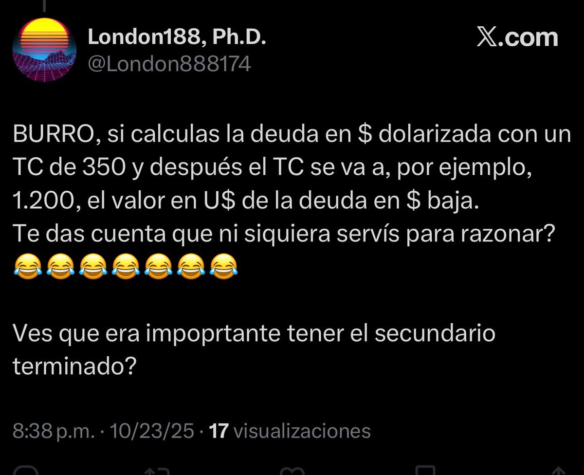 Alguien le puede explicar al boludo este que el gráfico verde y el tweet original hablan de la deuda en dólares denominada en dólares que se paga en dólares y el tipo de cambio NO IMPORTA para el cálculo 

Me bloqueo y es importante seguir educando