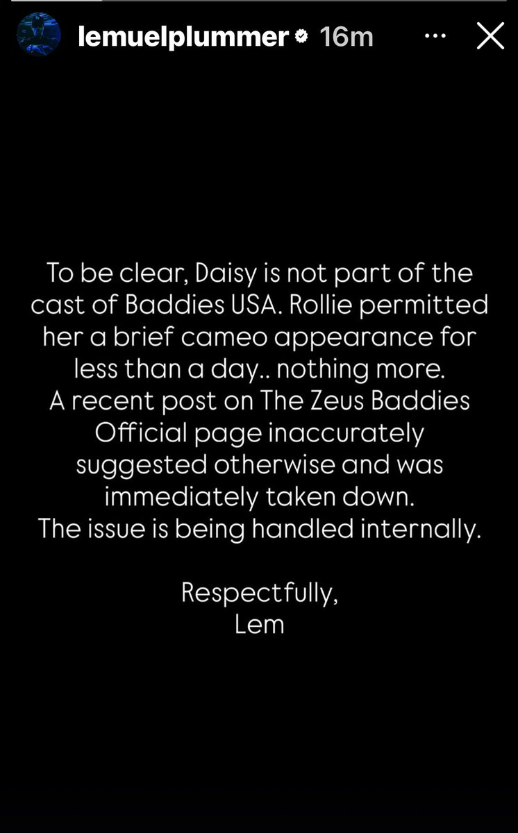 Zeus Network owner Lemmy puts out a statement that Daisy is NOT an official  cast member for #BaddiesUSA 🇺🇸 despite what bloggers are posting 👀