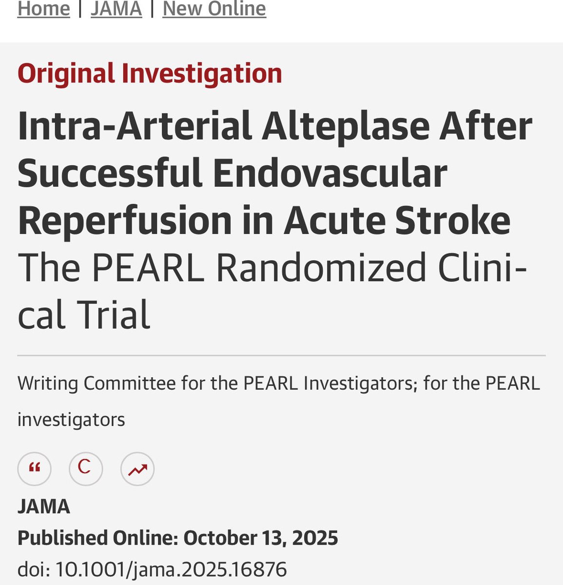 🧠PEARL RCT co-authored by <a href="/RaulNogueiraMD/">Raul G Nogueira, MD, FAHA, FSVIN</a>: IA alteplase after thrombectomy → better recovery (mRS 0-1: 45% vs 30%) w/o ↑ bleeding. 
🔗tinyurl.com/5hczvc4r

✅ Matches our pooled analysis on IAT post-EVT.
🔗 tinyurl.com/mususm69 <a href="/fahmy_doheim/">Mohamed F Doheim, MD</a> <a href="/PittStroke/">UPittStroke</a> 
 #NeuroTwitter