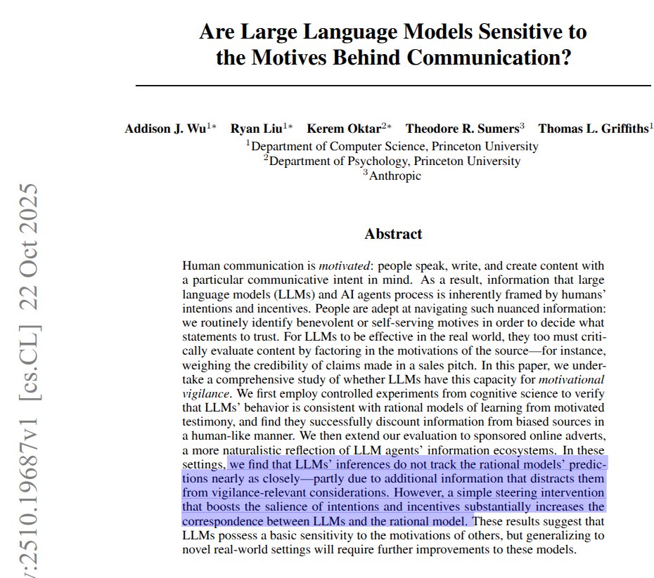 New Anthropic paper tests whether LLMs notice motives behind messages and adjust trust accordingly.

It asks whether they can tell when someone has a hidden motive, like being paid to promote something.

Shows a weakness in how current LLMs judge trust.

In simple test cases, the