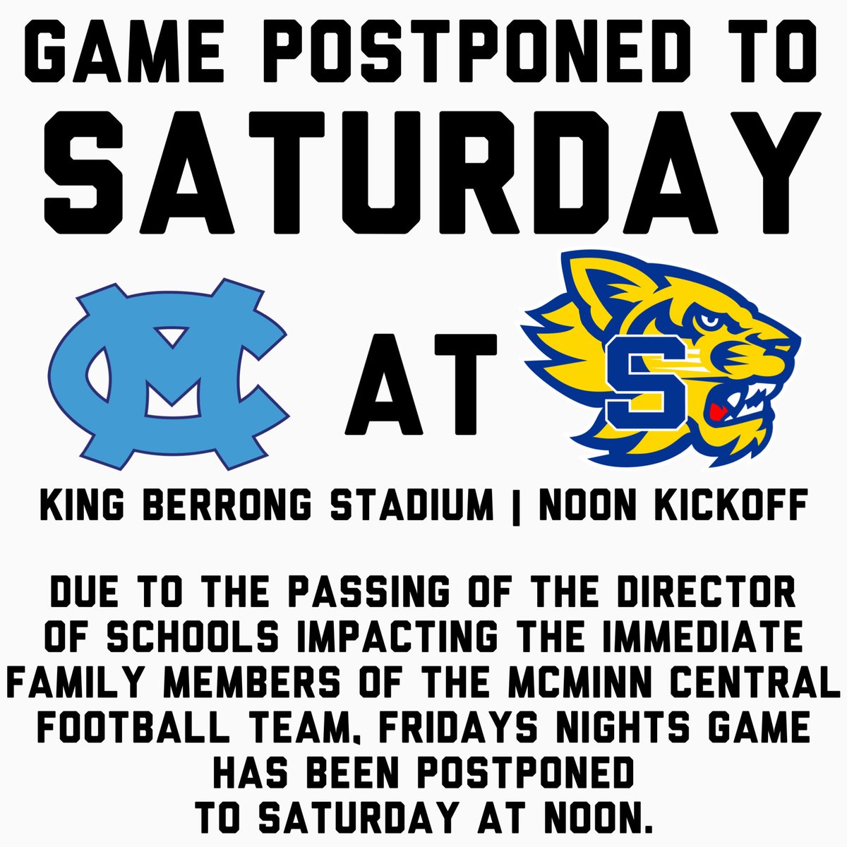 The McMinn Central at Sweetwater football game has been postponed to noon on Saturday. 
The Hall of Fame ceremony will continue as originally scheduled on Friday.