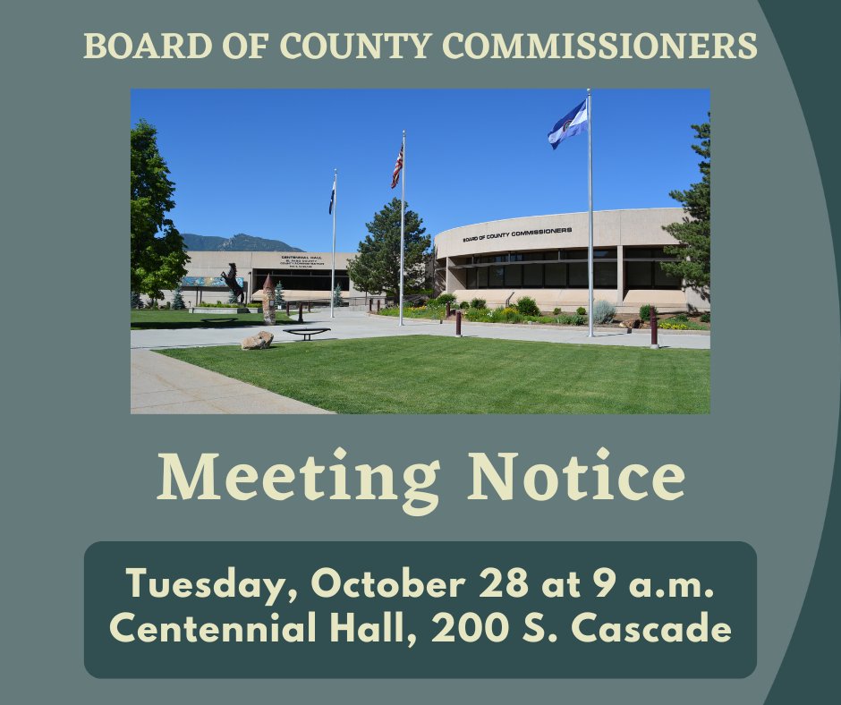 The El Paso County Board of Commissioners meet Tuesday, October 28 at 9 a.m. at Centennial Hall. To make a public comment, email citizencomments@elpasoco.com.

Watch live: <a href="/epccolorado_/">El Paso County, Colorado</a>
Agenda: tinyurl.com/yxhq6c9b

#MeetingNotice #BOCC
