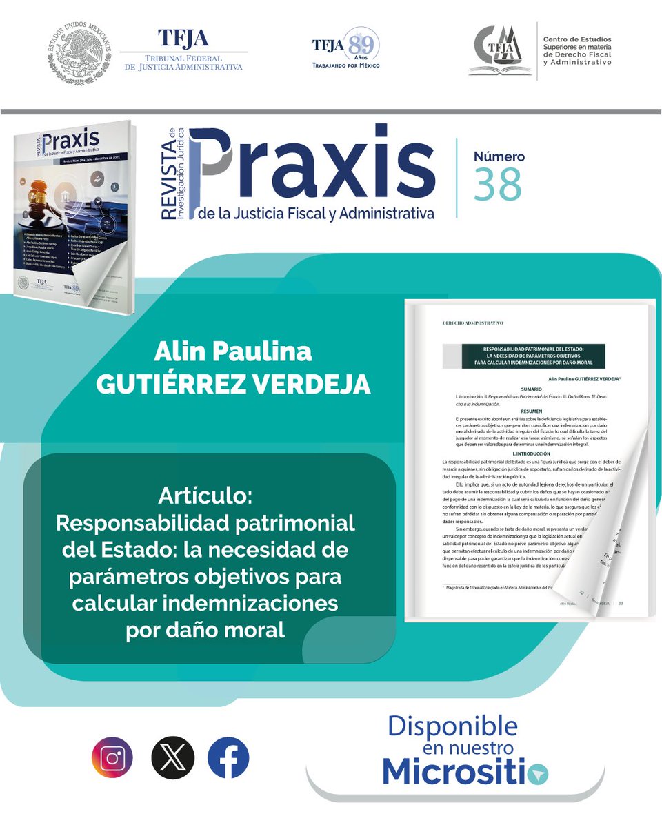 📘PRAXIS de la Justicia Fiscal y Administrativa no.38📘
Realiza un análisis sobre la deficiencia legislativa para establecer parámetros objetivos que permitan cuantificar una indemnización por daño moral derivado de la actividad irregular del Estado, lo cual dificulta la tarea🧵