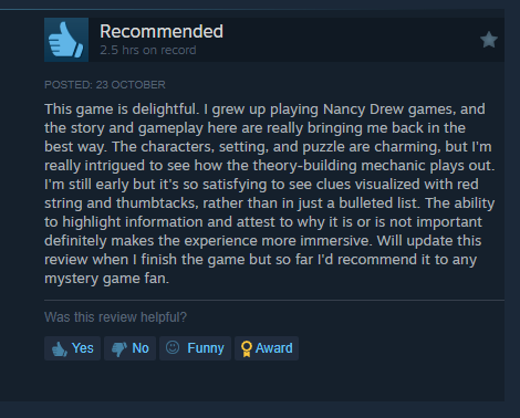 OSaurusStudios's tweet image. Yesss! Someone is picking up on the strong Nancy Drew origins of this game ❤️🕵️‍♀️🔎