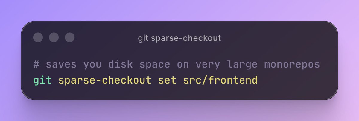peterdedene's tweet image. Been coding for 15 years.
Just learned you can do this in Git:
`git sparse-checkout set src/frontend`
Always something new to discover.