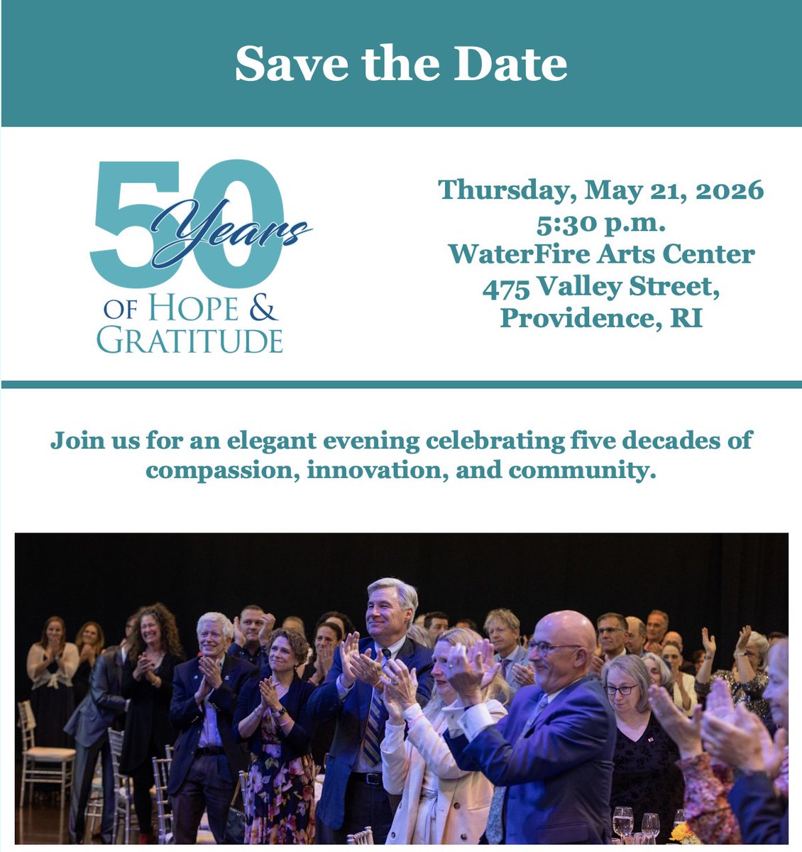 HopeHealthCo's tweet image. We’re turning 50! 🎉
Save the date — May 21, 2026 at WaterFire Arts Center, Providence.
Details coming soon! 💛
#HopeAndGratitude #HospiceCare #CommunityStrong